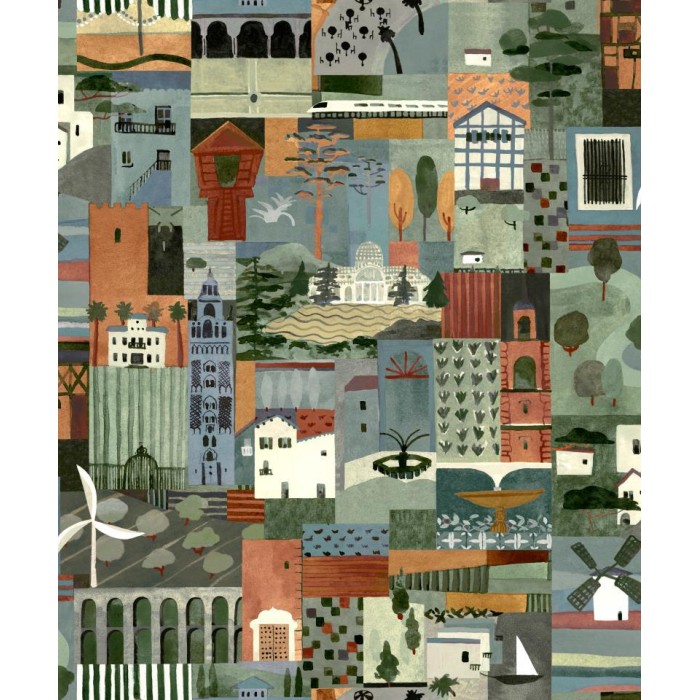 PAPEL PINTADO TRES TINTAS SOLERA POSTAL BLUE